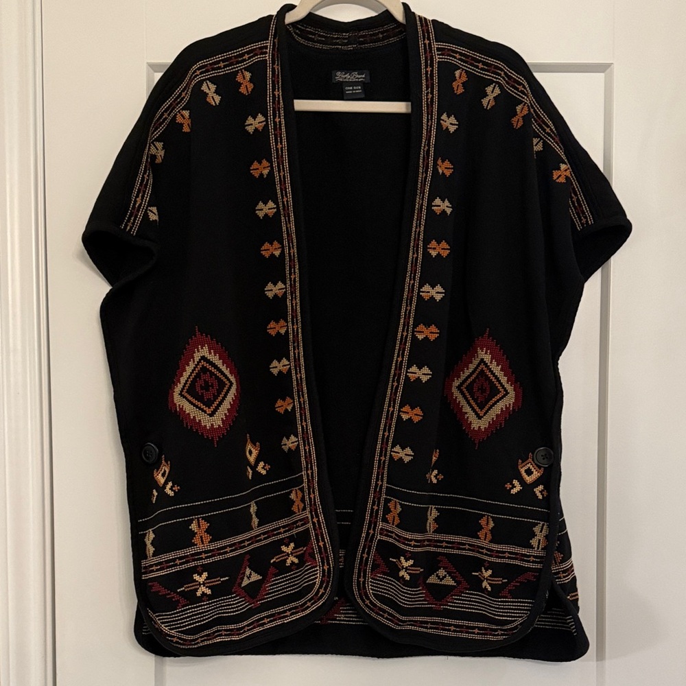 Black Open Front Cardigan Vest with Aztec South Western Patterns, EUC, One Size
